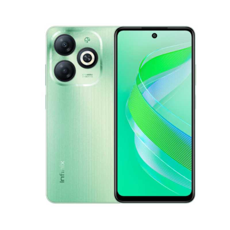 Infinix Smart 8 smartphone in green color showing the front display and rear camera setup.